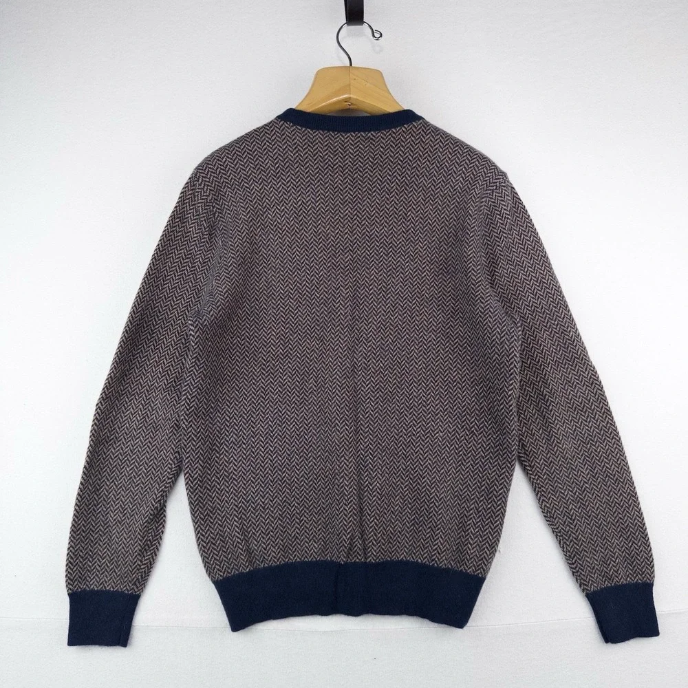 J.Crew 100% Cashmere Herringbone Jacquard Crewneck Sweater Men's Large Blue Tan
